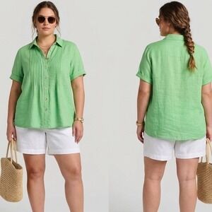 Foxcroft Taylor 100% Linen Pintuck‎ Button Down Shirt Plus 22W Green Shaped Fit